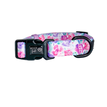 Load image into Gallery viewer, Showcaing Pink and Purple flowers and greenn leaf pattern Dog Collar with metal D ring in black colour from Woof First