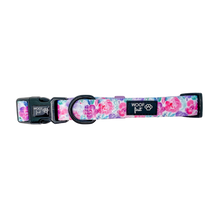 Load image into Gallery viewer, Showcasing Flat lay image of Pink and Purple flowers and green leaf pattern Dog Collar with metal D ring in black colour from Woof First.