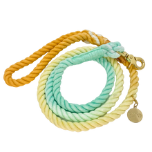 Load image into Gallery viewer, The image shown is of the Dogs Rope leash in 3 blended colours of mint, yellow and orange. The rope leash has gold metal hardware finishes and has Woof First imprinted on a round charm.