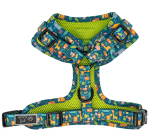 Load image into Gallery viewer, Backside displayed - Dog Harness with cute animal prints on blue background. Backside is the neoprene mesh and is in colour green and is breathable. Comes in various sizes. Super Comfortable and Adjustable Dog Harness and has two adjustable buckles for the chest strap.