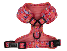 Load image into Gallery viewer, backside of a pink harness with purple and white color birds