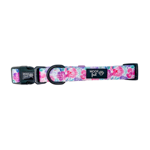 Showcasing Flat lay image of  Pink and Purple flowers and green leaf pattern Dog Collar with metal D ring in black colour from Woof First. 
