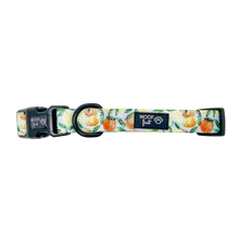 Load image into Gallery viewer, Showcasing Flat lay  Yellow, lime, orange, leaf pattern Dog Collar with metal D ring in black colour from Woof First 
