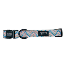 Load image into Gallery viewer, Showcasing flat lay image of Pink, Blue and Gold Chevron  pattern Dog Collar with metal D ring in black colour from Woof First
