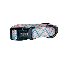 Load image into Gallery viewer, Showcaing Pink , Blue and Gold Chevron  pattern Dog Collar with metal D ring in black colour from Woof First
