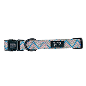 Showcasing flat lay image of Pink, Blue and Gold Chevron  pattern Dog Collar with metal D ring in black colour from Woof First