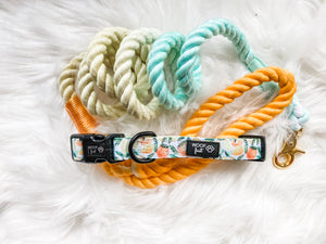 Showcasing Flat lay Yellow, lime, orange, leaf pattern Dog Collar with metal D ring in black colour from Woof First. The Collar is sitting on the tri-colour ope leash in colour orange, yellow and mint