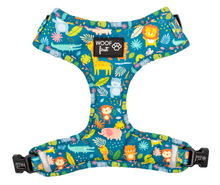 Load image into Gallery viewer, Frontside of Dog Harness displayed. Harness comes  with cute animal prints on blue background. Comes in various sizes. Super Comfortable and Adjustable Dog Harness
