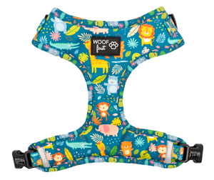 Frontside of Dog Harness displayed. Harness comes  with cute animal prints on blue background. Comes in various sizes. Super Comfortable and Adjustable Dog Harness