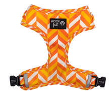 Load image into Gallery viewer, Showcasing Dog Harness in Orange and White Pattern, Comes in various sizes. Super Comfortable and Adjustable Dog Harness
