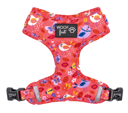 frontside of a pink harness with purple and white color birds