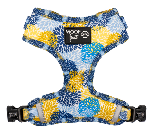 Showcasing  Frontside of the Dog Harness in Blue and yellow flowers pattern, Comes in various sizes. Super Comfortable and Adjustable Dog Harness