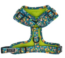 Load image into Gallery viewer, Backside displayed - Dog Harness with cute animal prints on blue background. Backside is the neoprene mesh and is in colour green and is breathable. Comes in various sizes. Super Comfortable and Adjustable Dog Harness and has two adjustable buckles for the chest strap.
