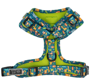 Backside displayed - Dog Harness with cute animal prints on blue background. Backside is the neoprene mesh and is in colour green and is breathable. Comes in various sizes. Super Comfortable and Adjustable Dog Harness and has two adjustable buckles for the chest strap.