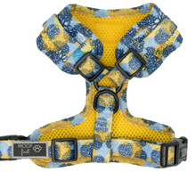 Load image into Gallery viewer, Backside of the Blue and yellow flowers harness shown. Backside  is the neoprene mesh and is in colour yellow and is breathable. Comes in various sizes. Super Comfortable and Adjustable Dog Harness and has two adjustable buckles for the chest strap. 
