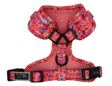 Load image into Gallery viewer, backside of a pink harness with purple and white color birds
