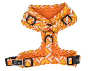 Showcasing Back of the Dog Harness in Orange and White Pattern, Comes in various sizes. Super Comfortable and Adjustable Dog Harness and has two adjustable buckles for the chest strap